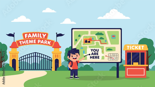 Flat vector illustration of a kid with backpack studying a park map at a "you are here" board on the entrance walkway with ticket booth and direction signs. Solid colors, no gradients