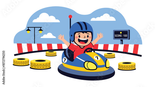 Flat vector illustration of a laughing kid driving bumper cars at a theme park in a safe arena with barriers, round lights and a simple scoreboard backdrop. Solid colors, no gradients