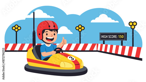 Flat vector illustration of a laughing kid driving bumper cars at a theme park in a safe arena with barriers, round lights and a simple scoreboard backdrop. Solid colors, no gradients
