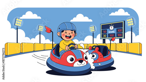 Flat vector illustration of a laughing kid driving bumper cars at a theme park in a safe arena with barriers, round lights and a simple scoreboard backdrop. Solid colors, no gradients