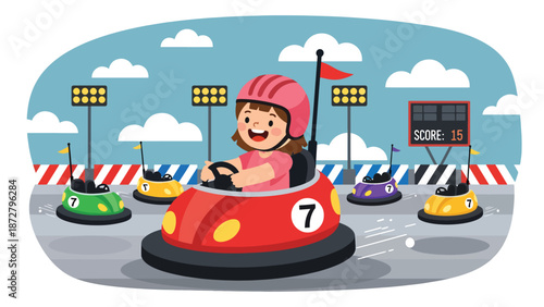 Flat vector illustration of a laughing kid driving bumper cars at a theme park in a safe arena with barriers, round lights and a simple scoreboard backdrop. Solid colors, no gradients