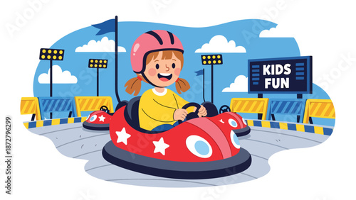 Flat vector illustration of a laughing kid driving bumper cars at a theme park in a safe arena with barriers, round lights and a simple scoreboard backdrop. Solid colors, no gradients