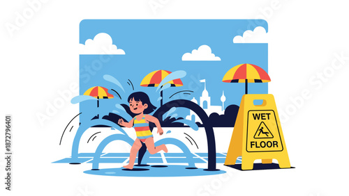 Flat vector illustration of a kid running through splash pad fountains at a theme park water-play area with lockers, umbrellas and tiled floor pattern. Solid colors, no gradients