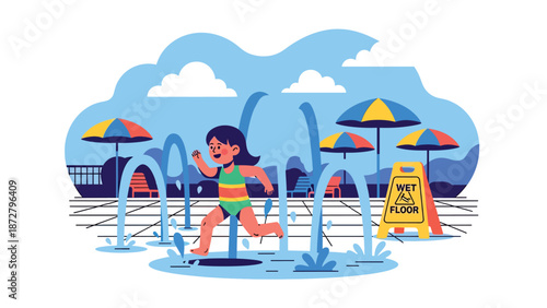Flat vector illustration of a kid running through splash pad fountains at a theme park water-play area with lockers, umbrellas and tiled floor pattern. Solid colors, no gradients