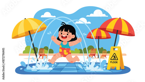 Flat vector illustration of a kid running through splash pad fountains at a theme park water-play area with lockers, umbrellas and tiled floor pattern. Solid colors, no gradients