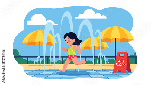Flat vector illustration of a kid running through splash pad fountains at a theme park water-play area with lockers, umbrellas and tiled floor pattern. Solid colors, no gradients
