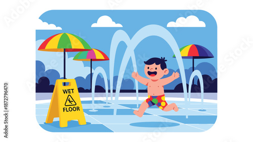 Flat vector illustration of a kid running through splash pad fountains at a theme park water-play area with lockers, umbrellas and tiled floor pattern. Solid colors, no gradients
