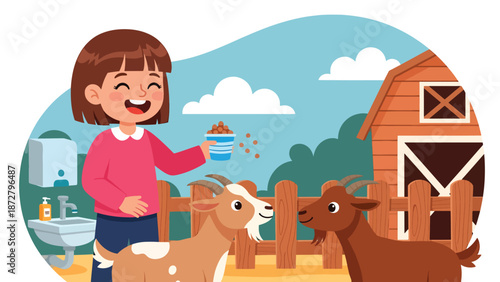 Flat vector illustration of a happy kid feeding goats at a theme park petting zoo corner with barn facade, fence, handwashing station and safety icons. Solid colors, no gradients