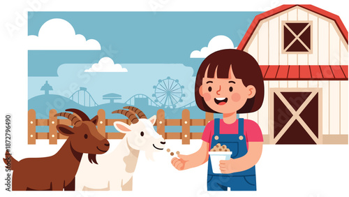 Flat vector illustration of a happy kid feeding goats at a theme park petting zoo corner with barn facade, fence, handwashing station and safety icons. Solid colors, no gradients