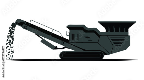 Mining Crusher Conveyor Machine Silhouette, Construction Equipment Illustration, Heavy Industrial Equipment, Black and White Vector.
