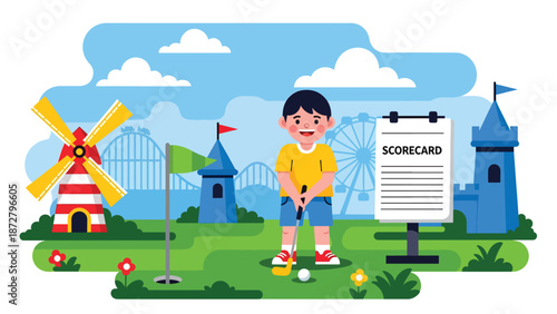 Flat vector illustration of a kid playing mini golf at a theme park course with whimsical obstacles, score sign, trimmed grass and open sky for copy space. Solid colors, no gradients