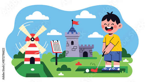Flat vector illustration of a kid playing mini golf at a theme park course with whimsical obstacles, score sign, trimmed grass and open sky for copy space. Solid colors, no gradients