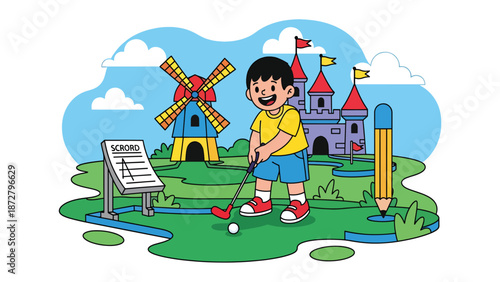 Flat vector illustration of a kid playing mini golf at a theme park course with whimsical obstacles, score sign, trimmed grass and open sky for copy space. Solid colors, no gradients