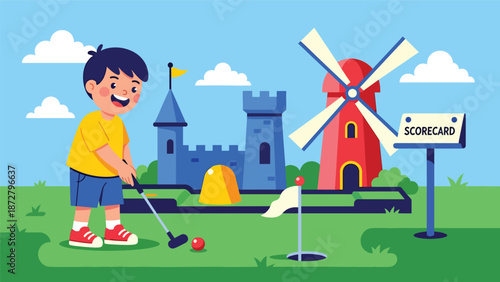 Flat vector illustration of a kid playing mini golf at a theme park course with whimsical obstacles, score sign, trimmed grass and open sky for copy space. Solid colors, no gradients