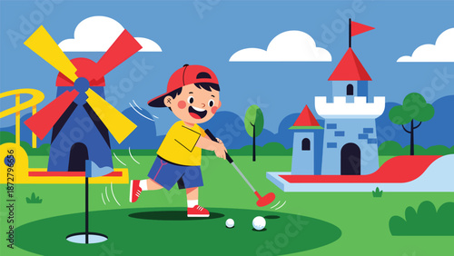 Flat vector illustration of a kid playing mini golf at a theme park course with whimsical obstacles, score sign, trimmed grass and open sky for copy space. Solid colors, no gradients