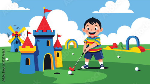 Flat vector illustration of a kid playing mini golf at a theme park course with whimsical obstacles, score sign, trimmed grass and open sky for copy space. Solid colors, no gradients