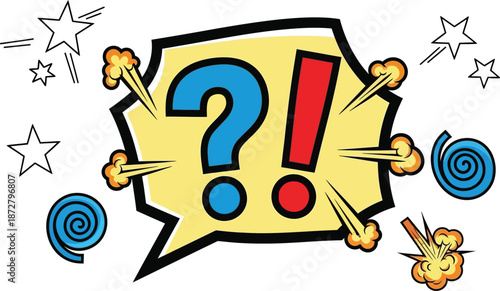 Comic style question mark and exclamation mark, pop art symbols, colorful retro burst icons, cartoon punctuation graphics for design projects