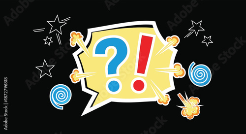 Comic style question mark and exclamation mark, pop art symbols, colorful retro burst icons, cartoon punctuation graphics for design projects