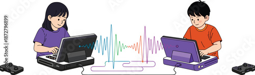 Two kids playing online video game on laptops with game controllers, colorful sound wave connection, digital entertainment illustration