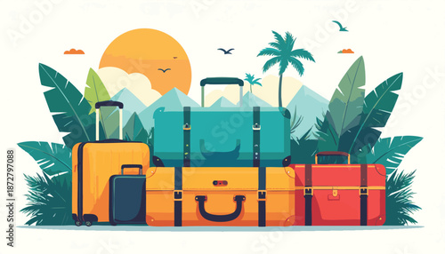 vector Colorful Luggage Stacked with Tropical Leaves