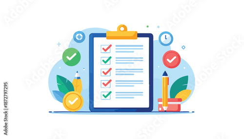 vector Clipboard Checklist with Checkmarks and Stationery