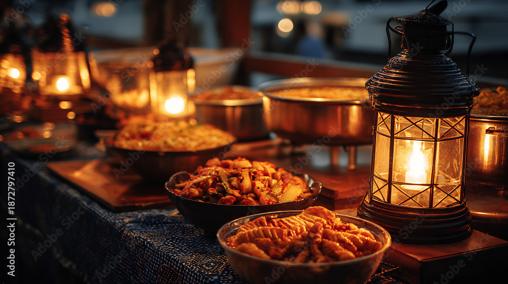 Naklejka premium Warm evening buffet display