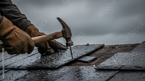 The roofer's hands are hammering a nail into a wet slate tile. Roof repair after a storm.