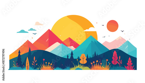 vector Colorful Mountains Landscape with Sunset Sky