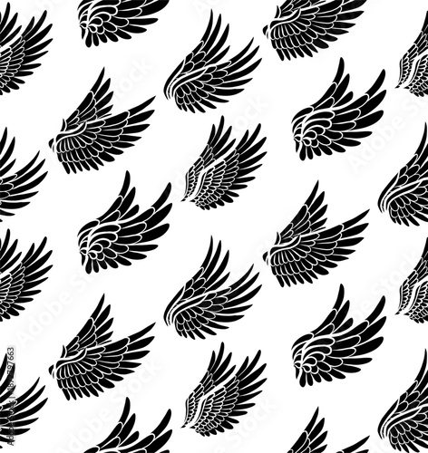 Vector seamless pattern with black silhouette bird wings on white background. Monochrome texture with angel wings for wrapping paper, wallpaper, fabric, spiritual or fantasy design