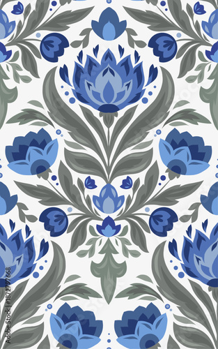 Vector tracery pattern with cornflowers on white background. Decorative seamless texture with stylized blue flowers and leaves for fabric, wallpaper, wrapping paper, and home decor
