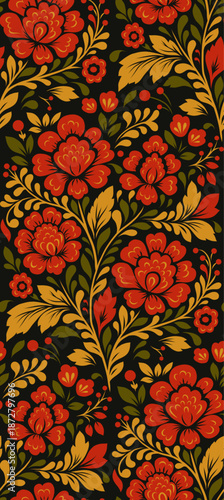 Vector national decorative floral pattern. Blossom texture. Slavic ornament with red flowers on a black background for wallpaper, fabric, and wrapping paper.