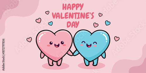 Happy valentine s day illustration with adorable cartoon hearts holding hands on a pink background
