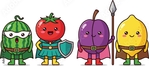 Cute fruit superhero vector set featuring watermelon tomato plum and lemon characters with capes and shields for healthy eating kids stickers and educational school posters