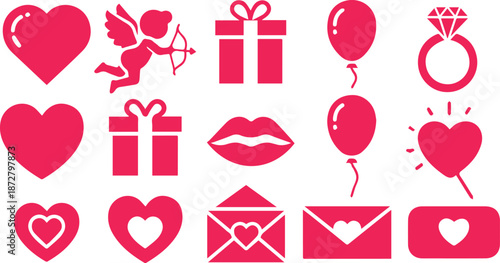 Collection of vibrant red valentine s day icons representing love and affection