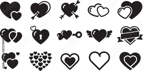 Collection of various black heart icons and symbols depicting love and affection