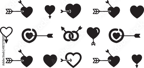 Collection of black heart and arrow symbols with various love themed designs