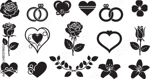 Collection of romantic symbols roses hearts wedding rings and floral designs in black