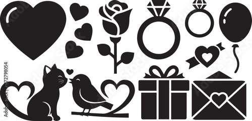 Romantic elements hearts roses rings gifts and affectionate animals in black silhouettes