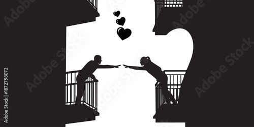 Silhouettes of lovers reaching for each other through a gap in a building