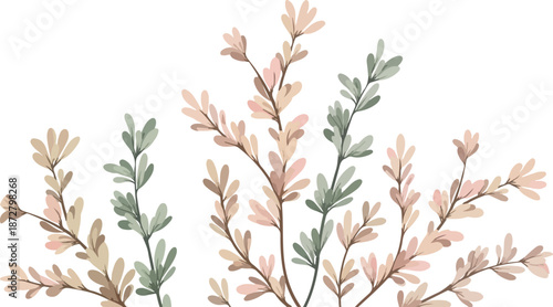 Watercolor illustration of delicate branches with softly colored leaves and stems
