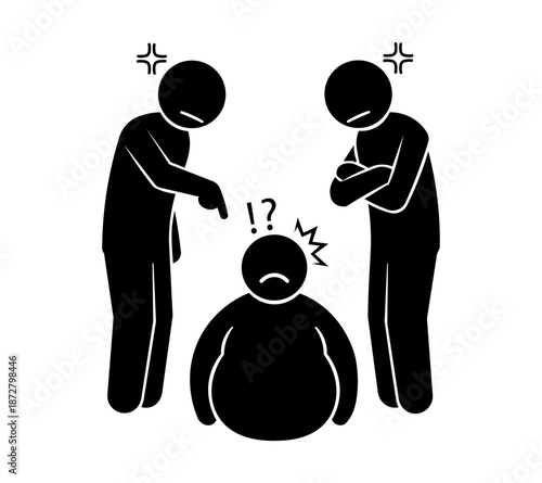 Two Stick Figures Bullying and Mocking an Overweight Person, Harassment and Body Shaming Concept Vector Illustration.