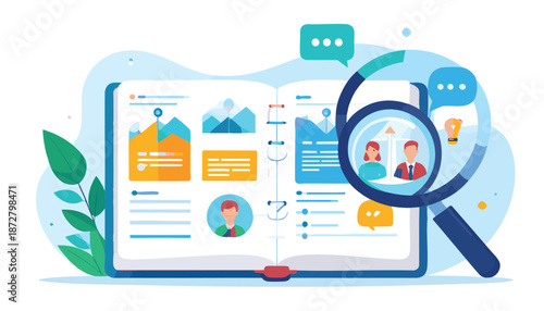 vector Customer Research with Magnifying Glass and Laptop