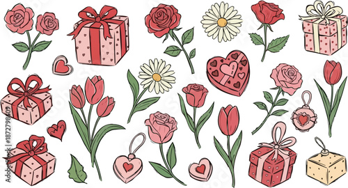 A charming collection of roses gifts and hearts in a delightful floral arrangement