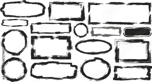 Straight line vector brush strokes. Black hand drawn stripes, smears. Paint roller line brushstrokes set. Rough grunge linocut stamp thick paint line textures. Grungy sketchy rectangle textboxes pack