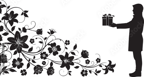 Silhouette of a person offering a gift amidst a floral swirling design