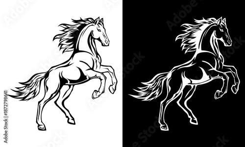 Black and White Horse Illustration Running Free.