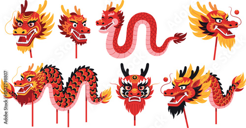 Chinese Lunar New Year dragon dance puppet vector set with traditional red and gold mythical creatures for spring festival celebration cultural events and oriental decorations