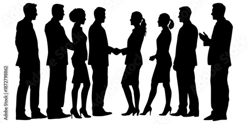 Silhouetted Business People Shaking Hands in Line.