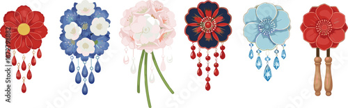 Set of traditional Japanese floral hair ornaments and kanzashi pins with hanging beads and crystals in red blue and pink colors.