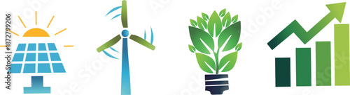 Green energy and sustainable growth icon set. Renewable energy, solar power, wind turbine, and eco innovation concept, perfect for environmental presentations and green business reports